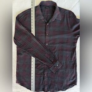 Theory Men’s Phoenix Venlo Check Shirt L Burgundy Black Plaid 100% Cotton